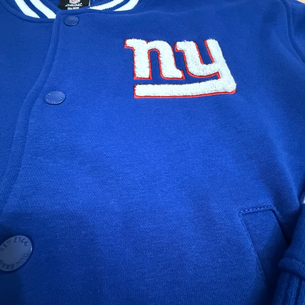 NFL Throwback Women’s Snap Front NY Giants Blue and White Varsity Jacket - Picture 8 of 11